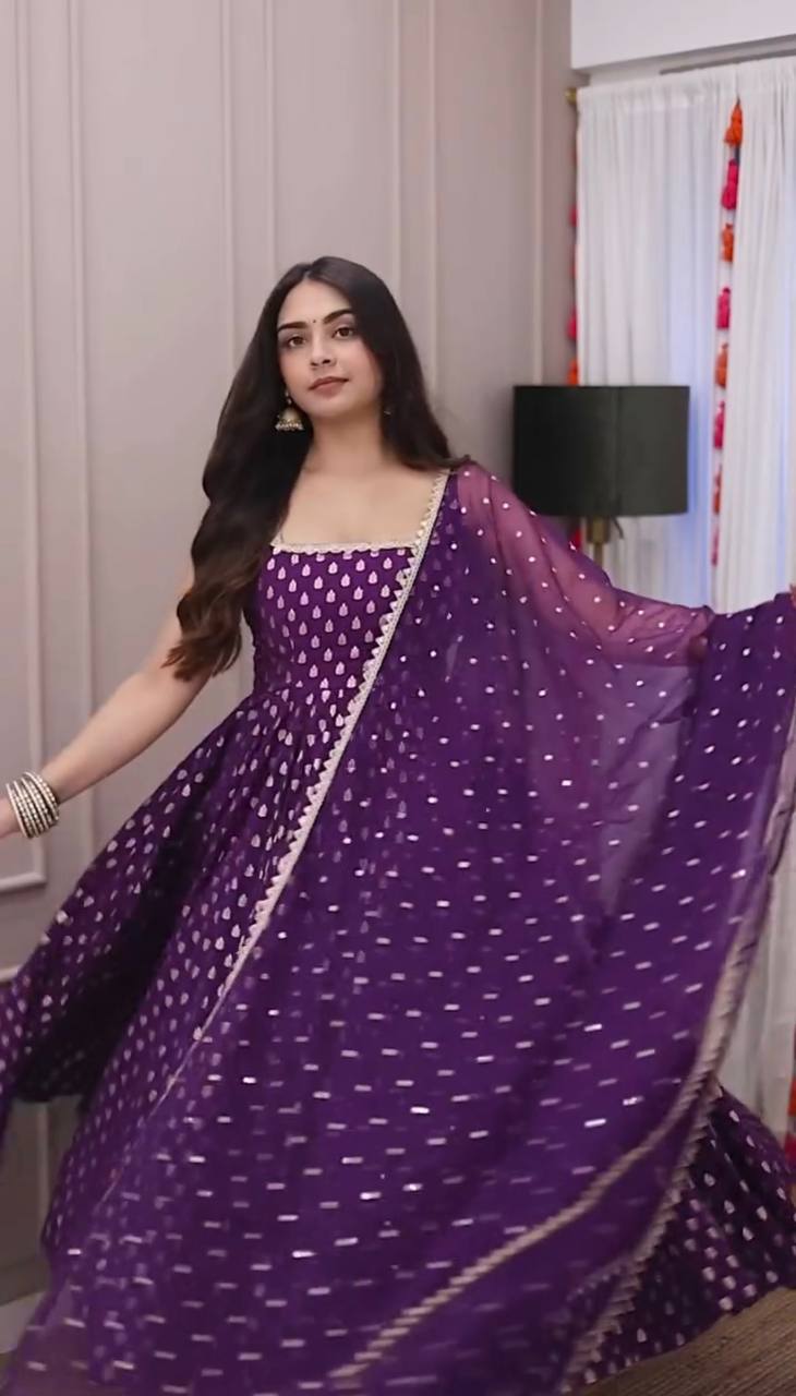 Charming Purple Pure viscose georgette golden weaving zari butti Anarkali Gown