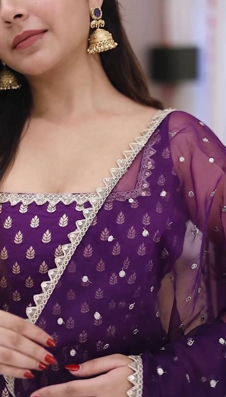 Charming Purple Pure viscose georgette golden weaving zari butti Anarkali Gown