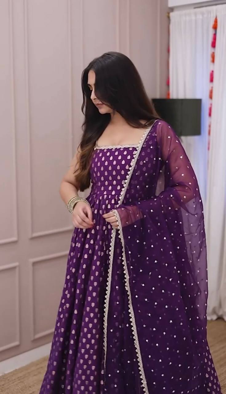 Charming Purple Pure viscose georgette golden weaving zari butti Anarkali Gown