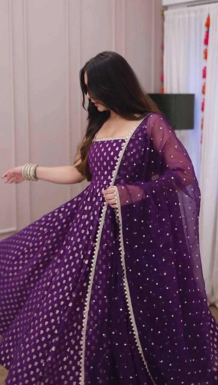 Charming Purple Pure viscose georgette golden weaving zari butti Anarkali Gown