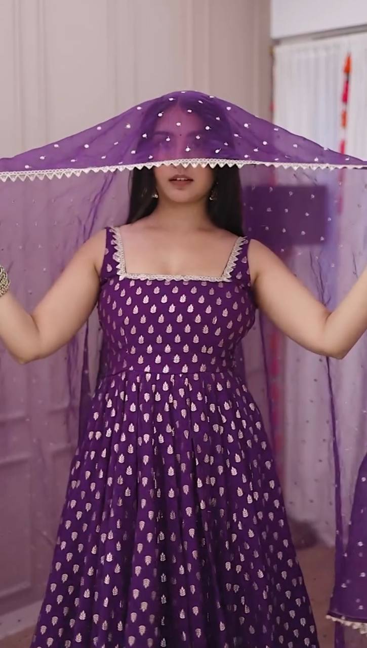 Charming Purple Pure viscose georgette golden weaving zari butti Anarkali Gown