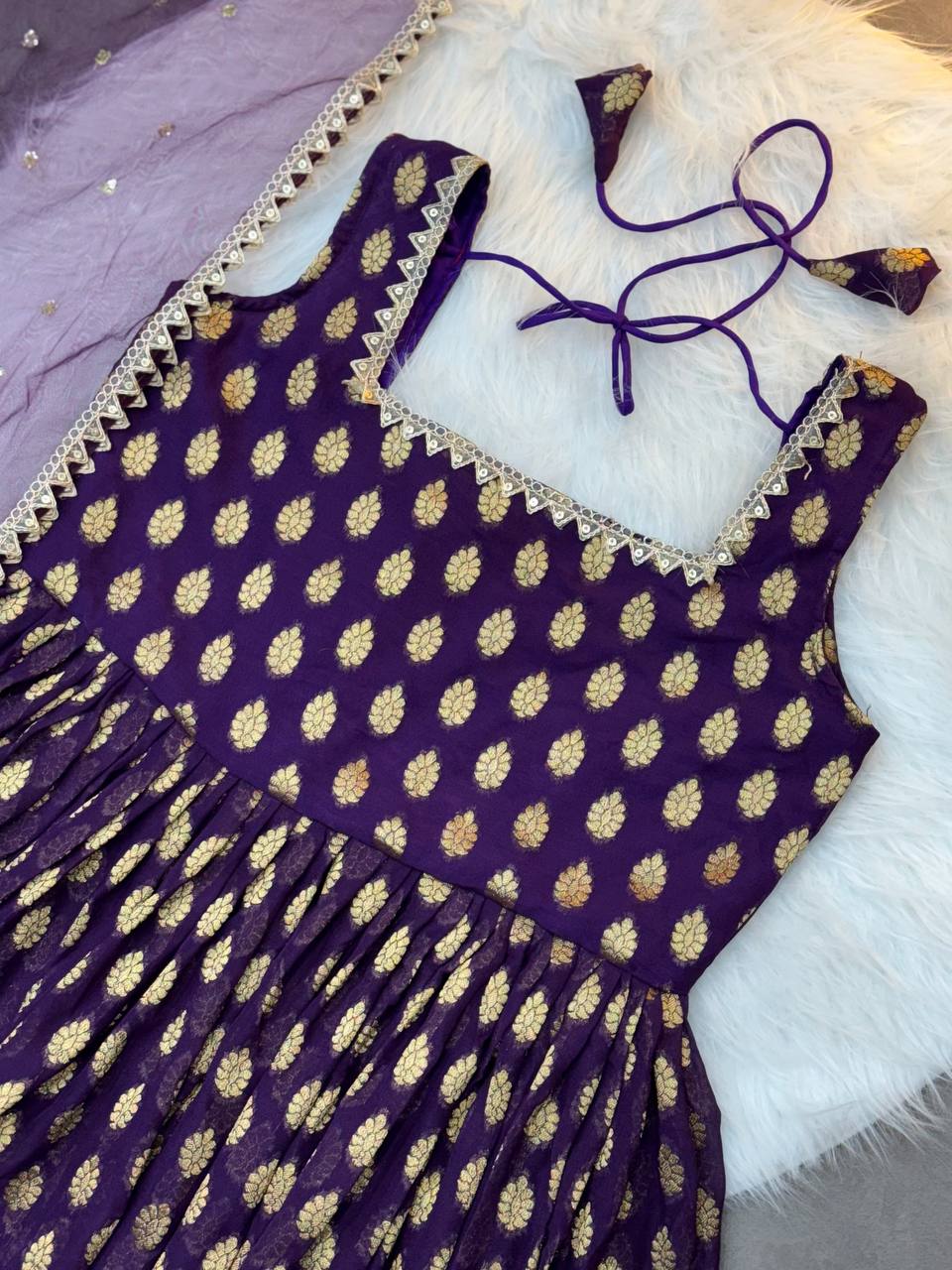 Charming Purple Pure viscose georgette golden weaving zari butti Anarkali Gown