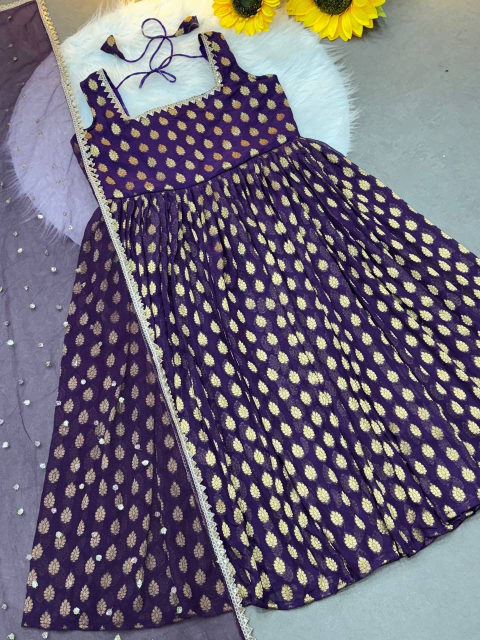Charming Purple Pure viscose georgette golden weaving zari butti Anarkali Gown