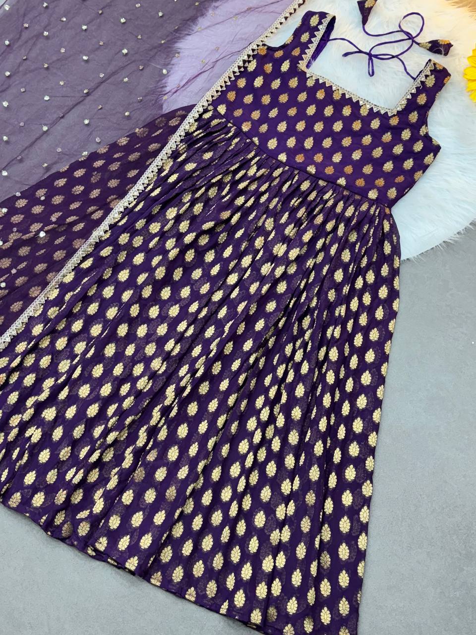 Charming Purple Pure viscose georgette golden weaving zari butti Anarkali Gown