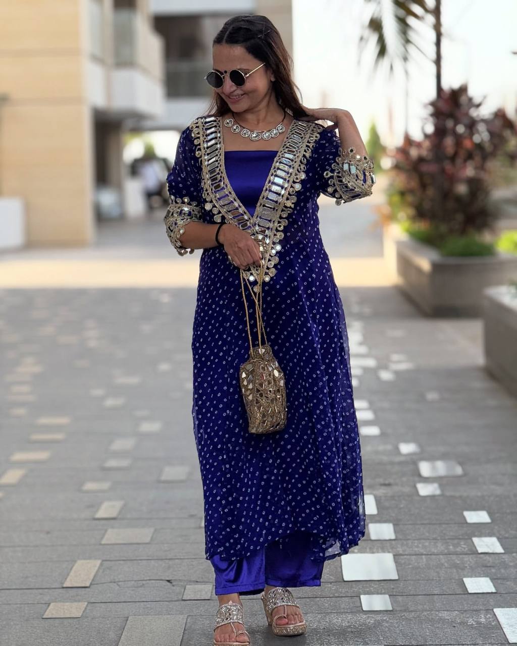 Royal Blue Georgette Bandhni Printed With Real Mirror Work Anarkali Suit Set