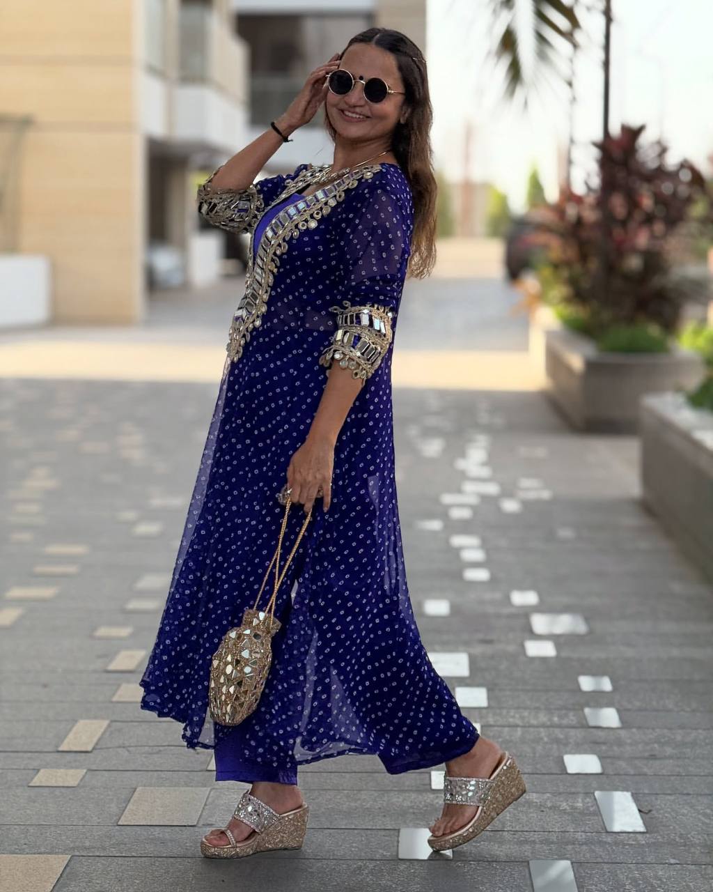 Royal Blue Georgette Bandhni Printed With Real Mirror Work Anarkali Suit Set