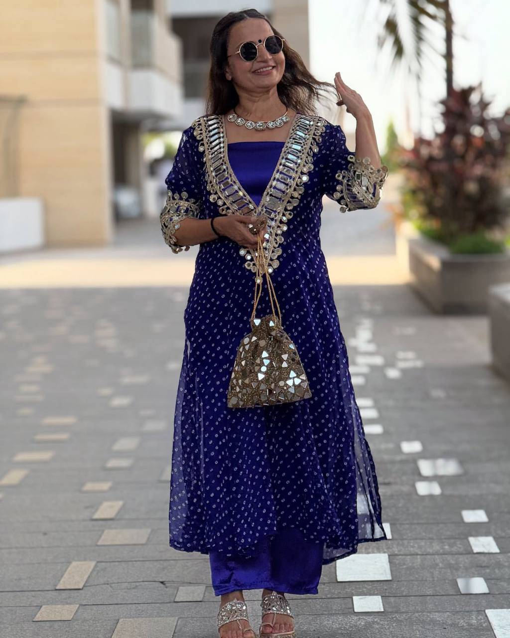 Royal Blue Georgette Bandhni Printed With Real Mirror Work Anarkali Suit Set