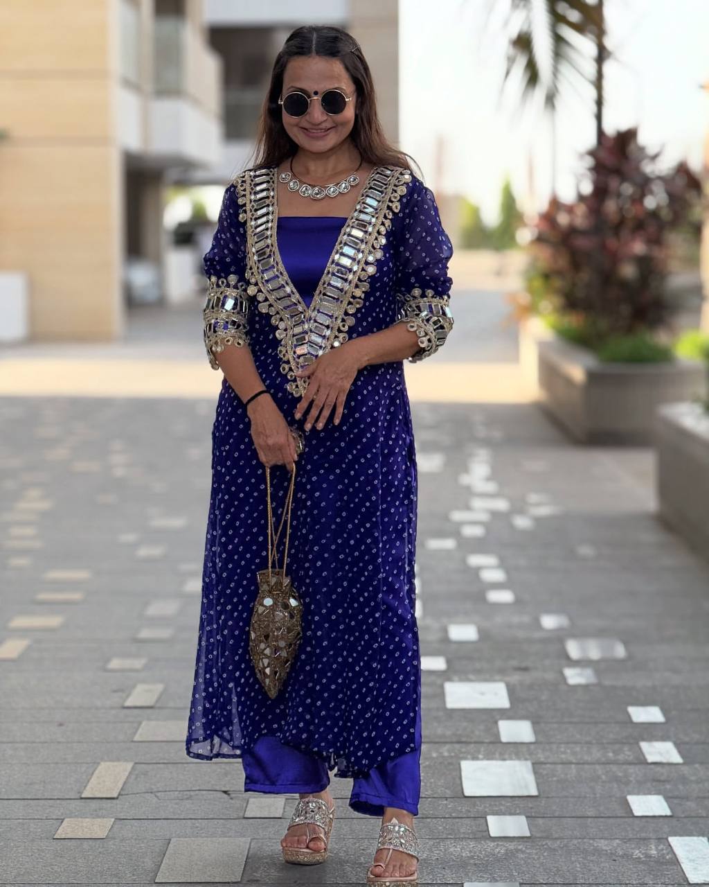 Royal Blue Georgette Bandhni Printed With Real Mirror Work Anarkali Suit Set