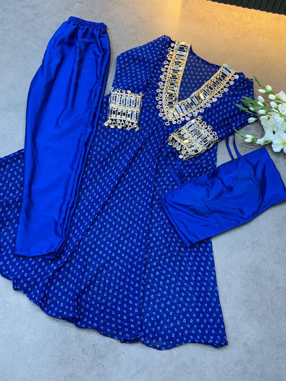 Royal Blue Georgette Bandhni Printed With Real Mirror Work Anarkali Suit Set