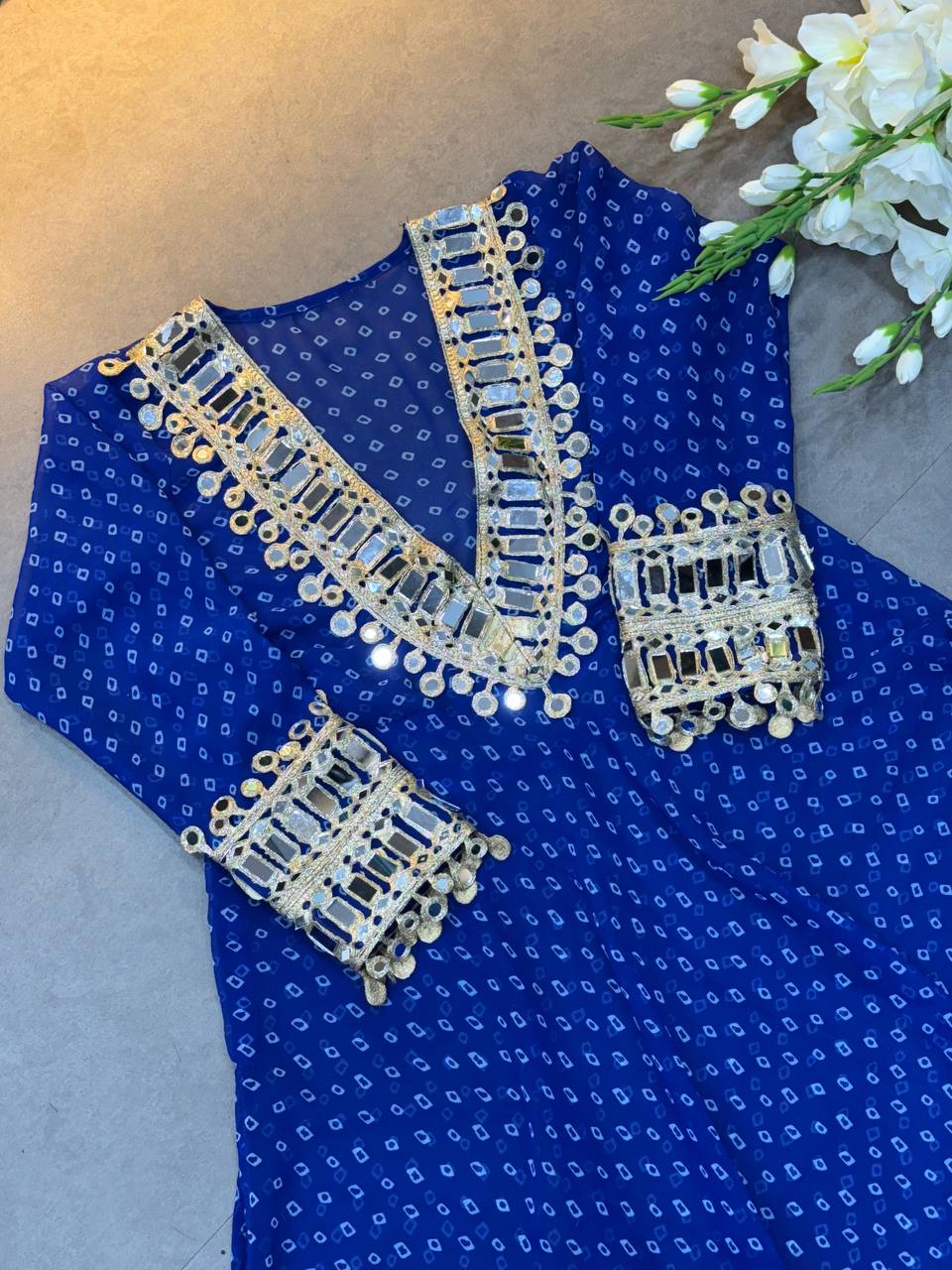 Royal Blue Georgette Bandhni Printed With Real Mirror Work Anarkali Suit Set