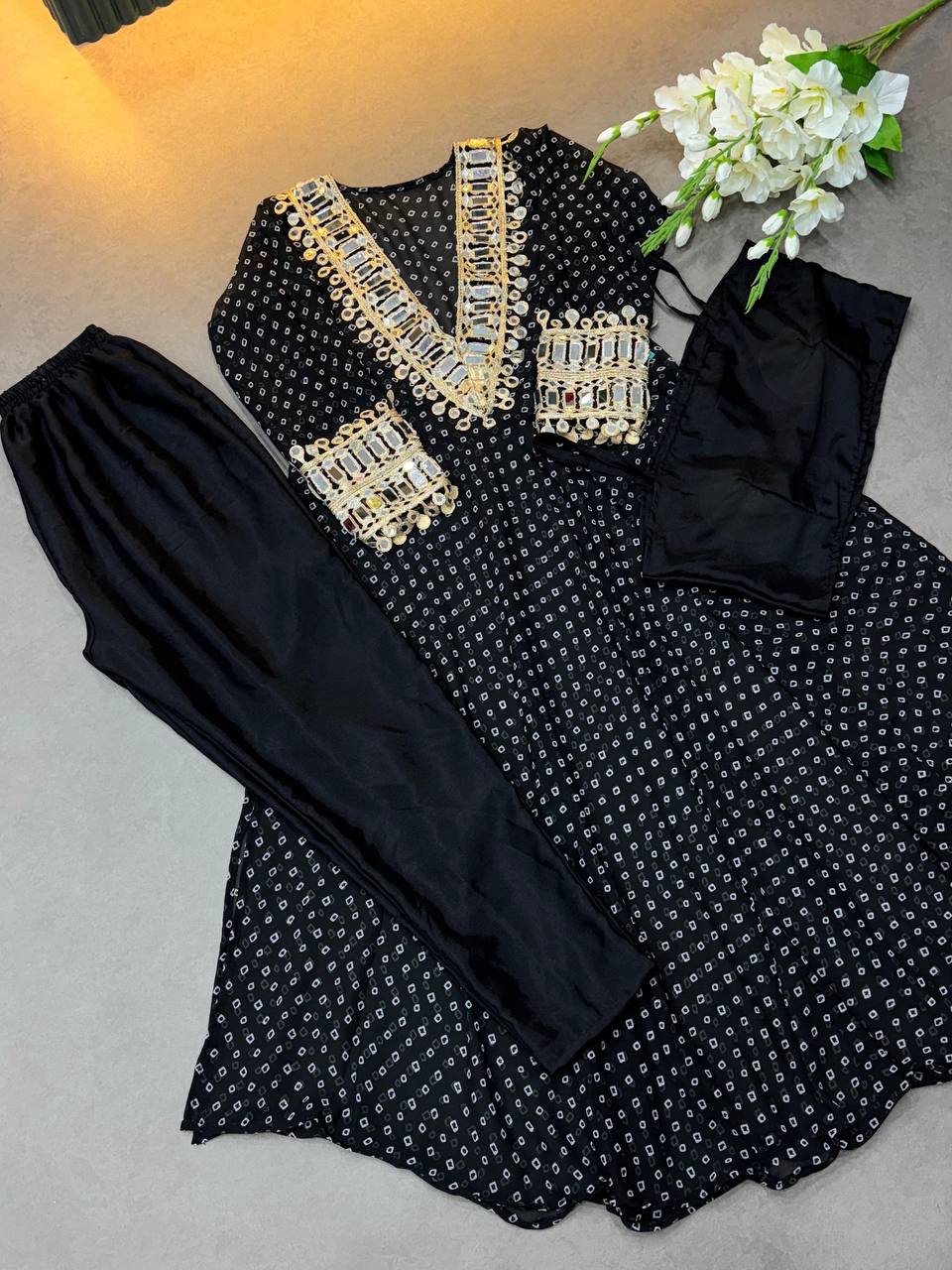 Black Georgette Bandhni Printed With Real Mirror Work Anarkali Suit Set