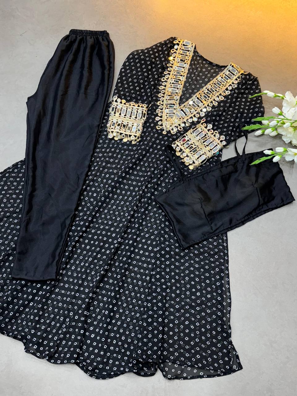 Black Georgette Bandhni Printed With Real Mirror Work Anarkali Suit Set