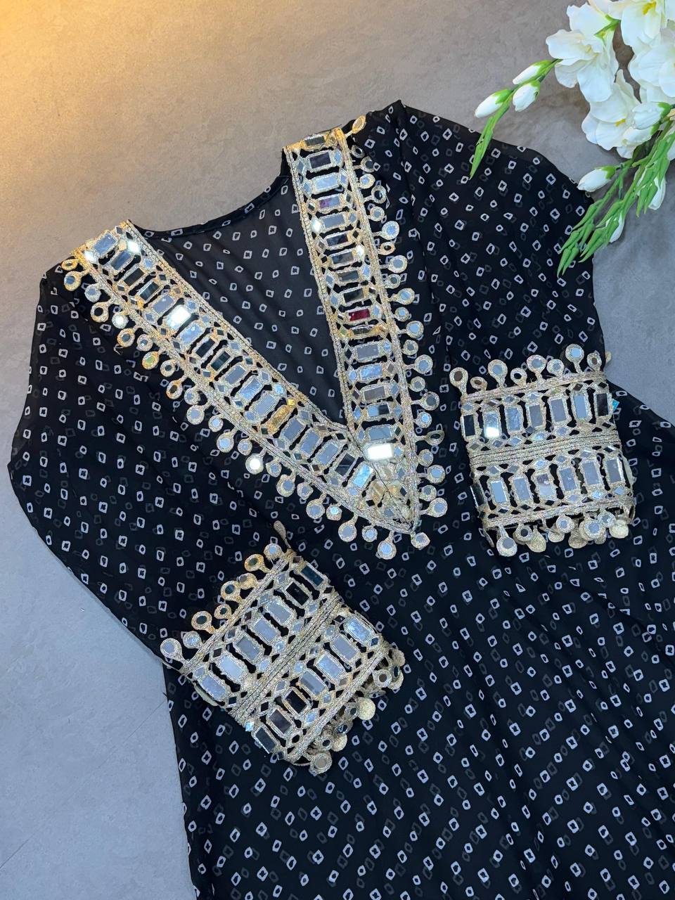 Black Georgette Bandhni Printed With Real Mirror Work Anarkali Suit Set