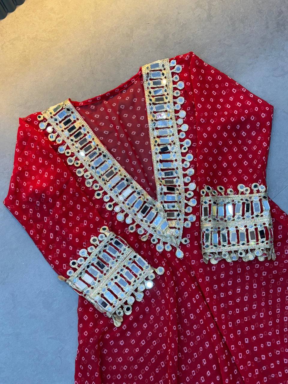 Red Georgette Bandhni Printed With Real Mirror Work Anarkali Suit Set