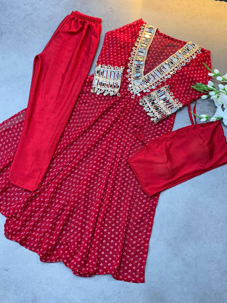 Red Georgette Bandhni Printed With Real Mirror Work Anarkali Suit Set