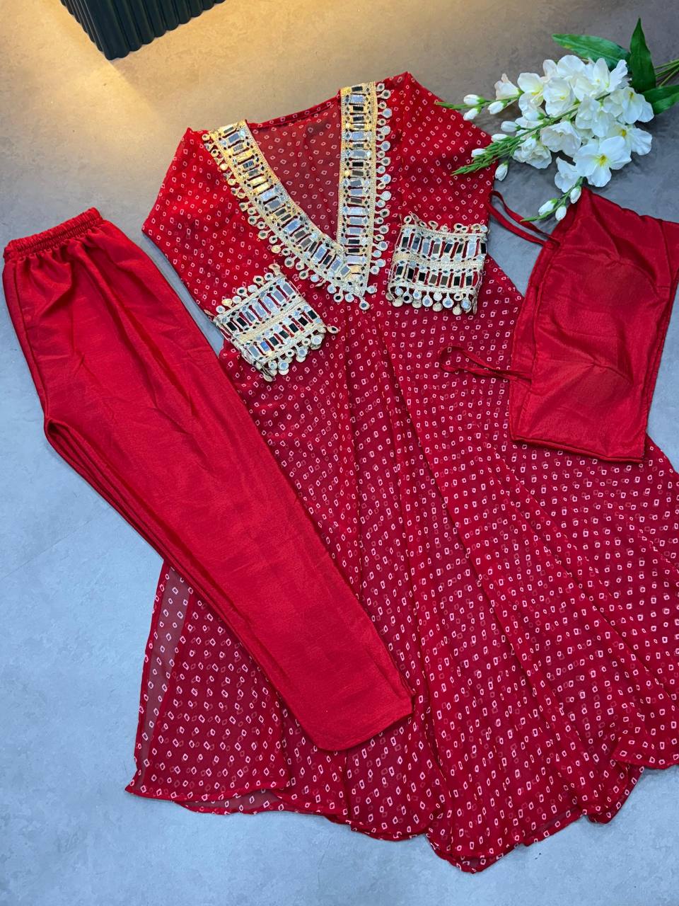 Red Georgette Bandhni Printed With Real Mirror Work Anarkali Suit Set