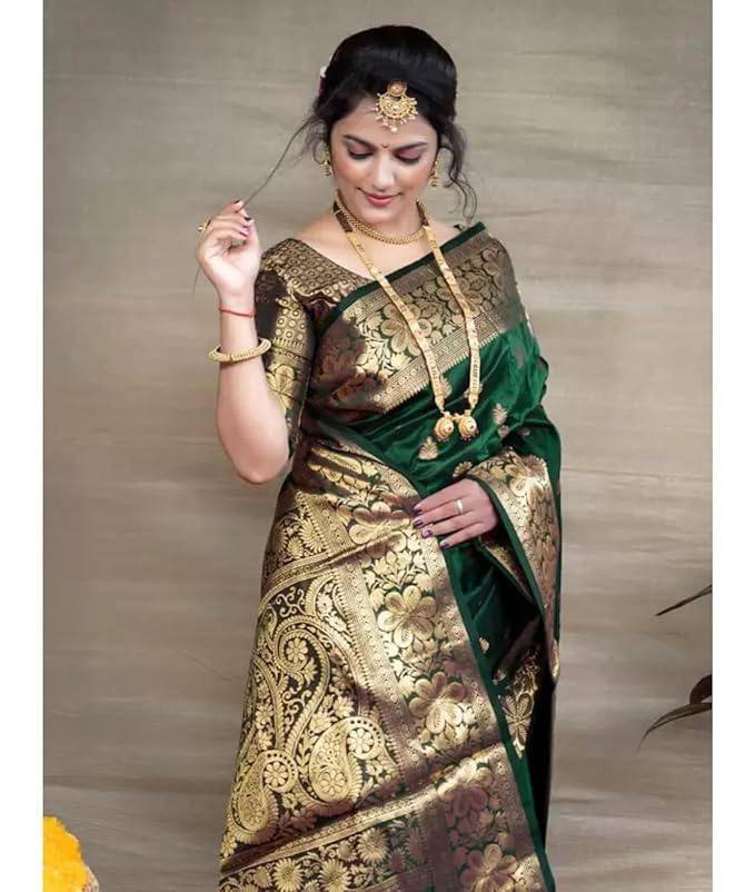 Flameboyant Dark Green Soft Banarasi Silk Weaving Saree
