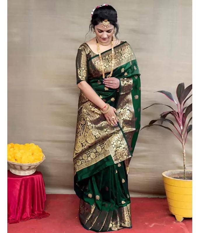 Flameboyant Dark Green Soft Banarasi Silk Weaving Saree
