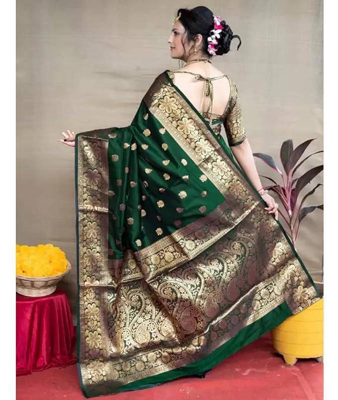 Flameboyant Dark Green Soft Banarasi Silk Weaving Saree