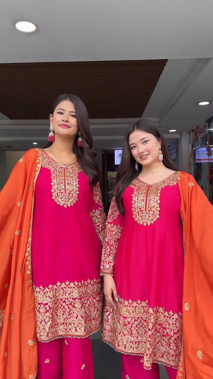 Extraordinary Pink Soft Chinon Heavy Embroidery thread and sequence work Suit Set