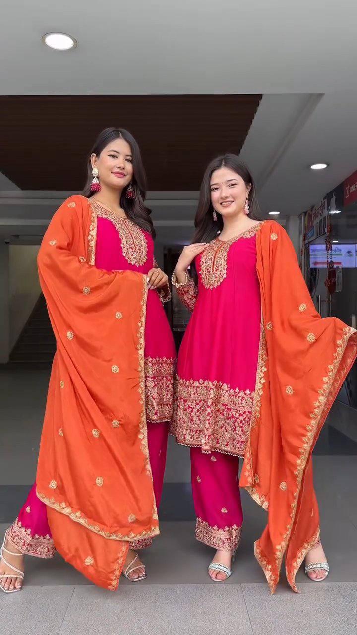 Extraordinary Pink Soft Chinon Heavy Embroidery thread and sequence work Suit Set