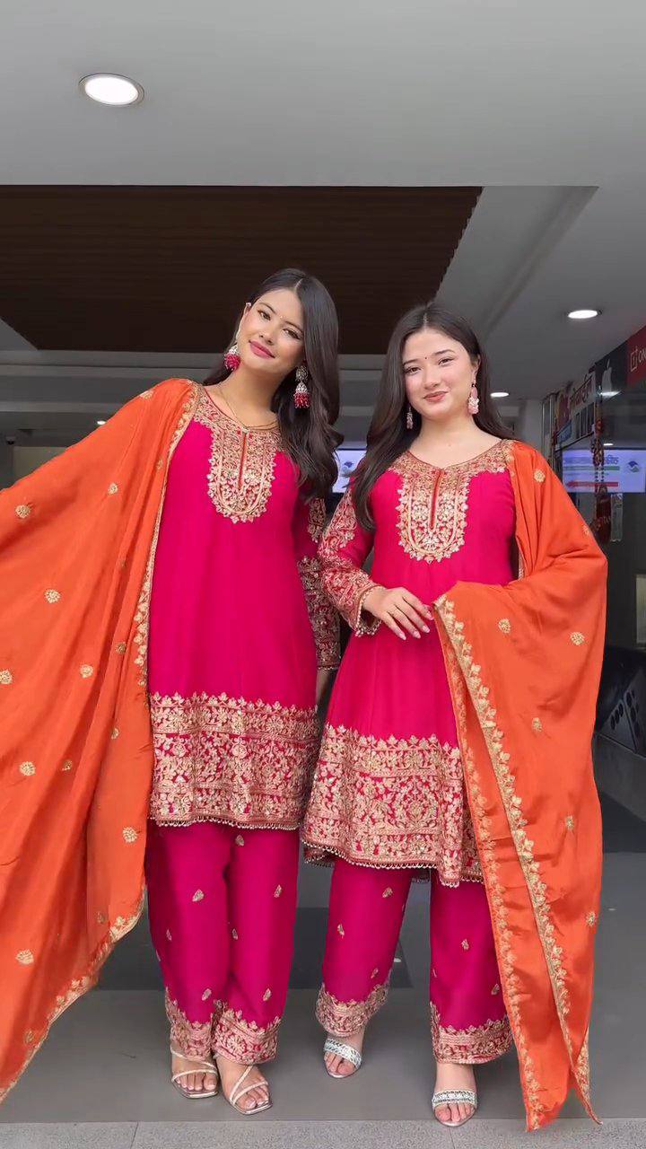 Extraordinary Pink Soft Chinon Heavy Embroidery thread and sequence work Suit Set