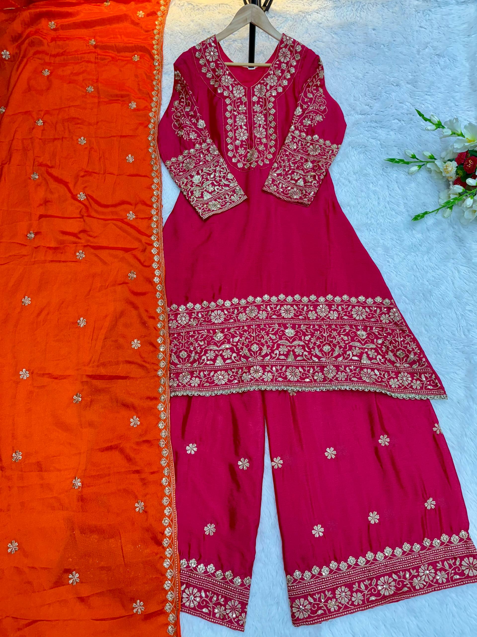 Extraordinary Pink Soft Chinon Heavy Embroidery thread and sequence work Suit Set