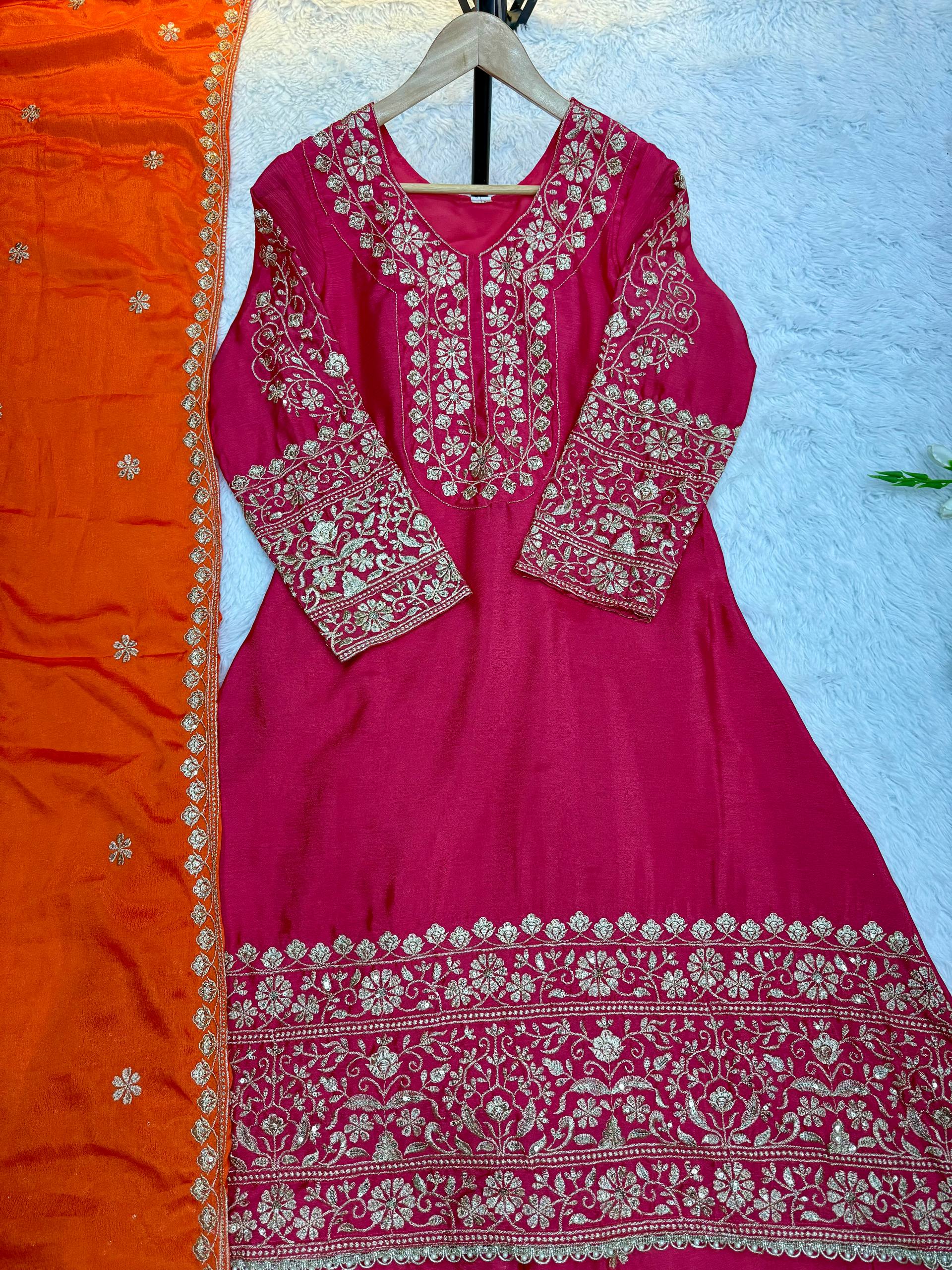 Extraordinary Pink Soft Chinon Heavy Embroidery thread and sequence work Suit Set