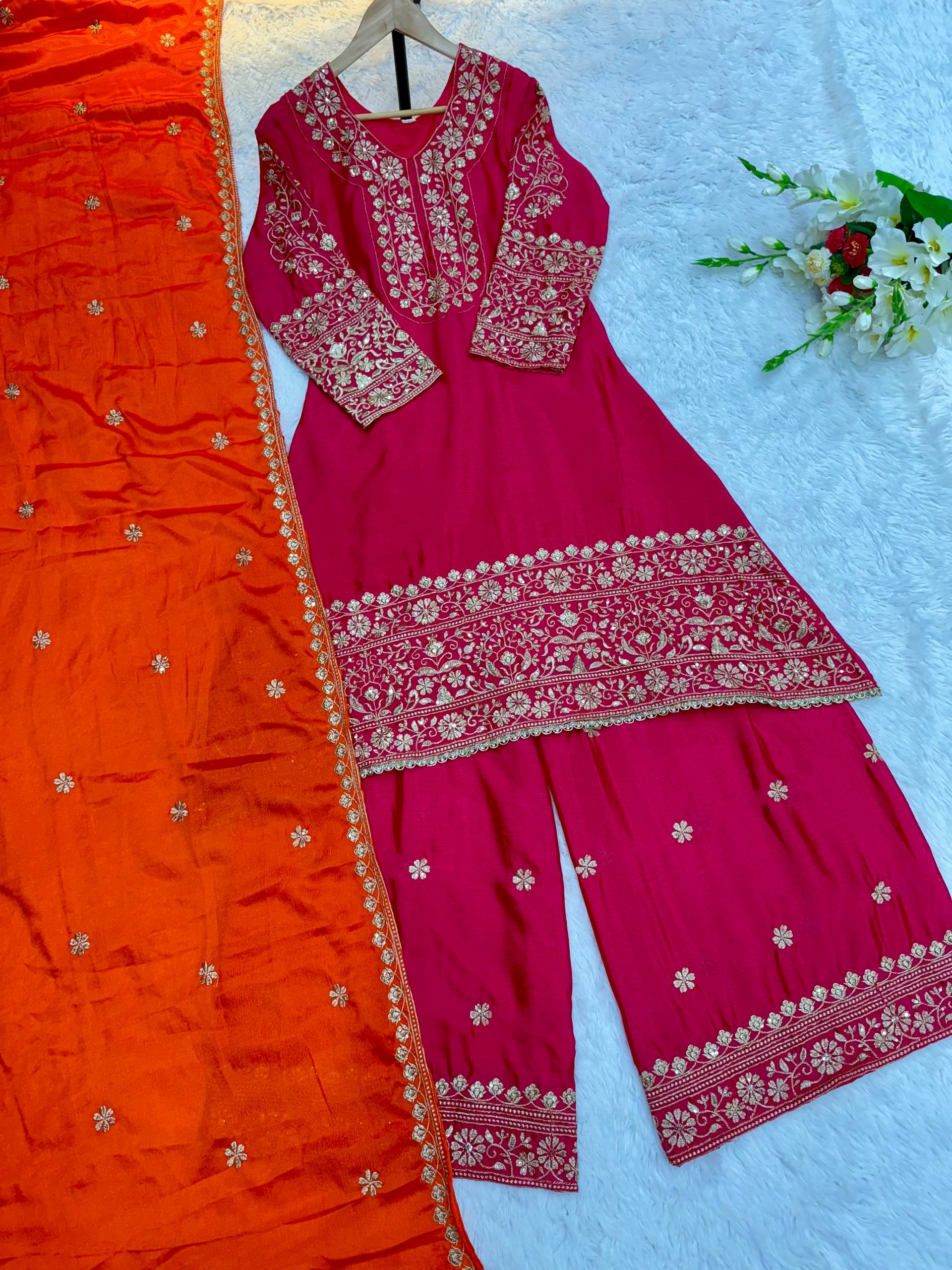 Extraordinary Pink Soft Chinon Heavy Embroidery thread and sequence work Suit Set