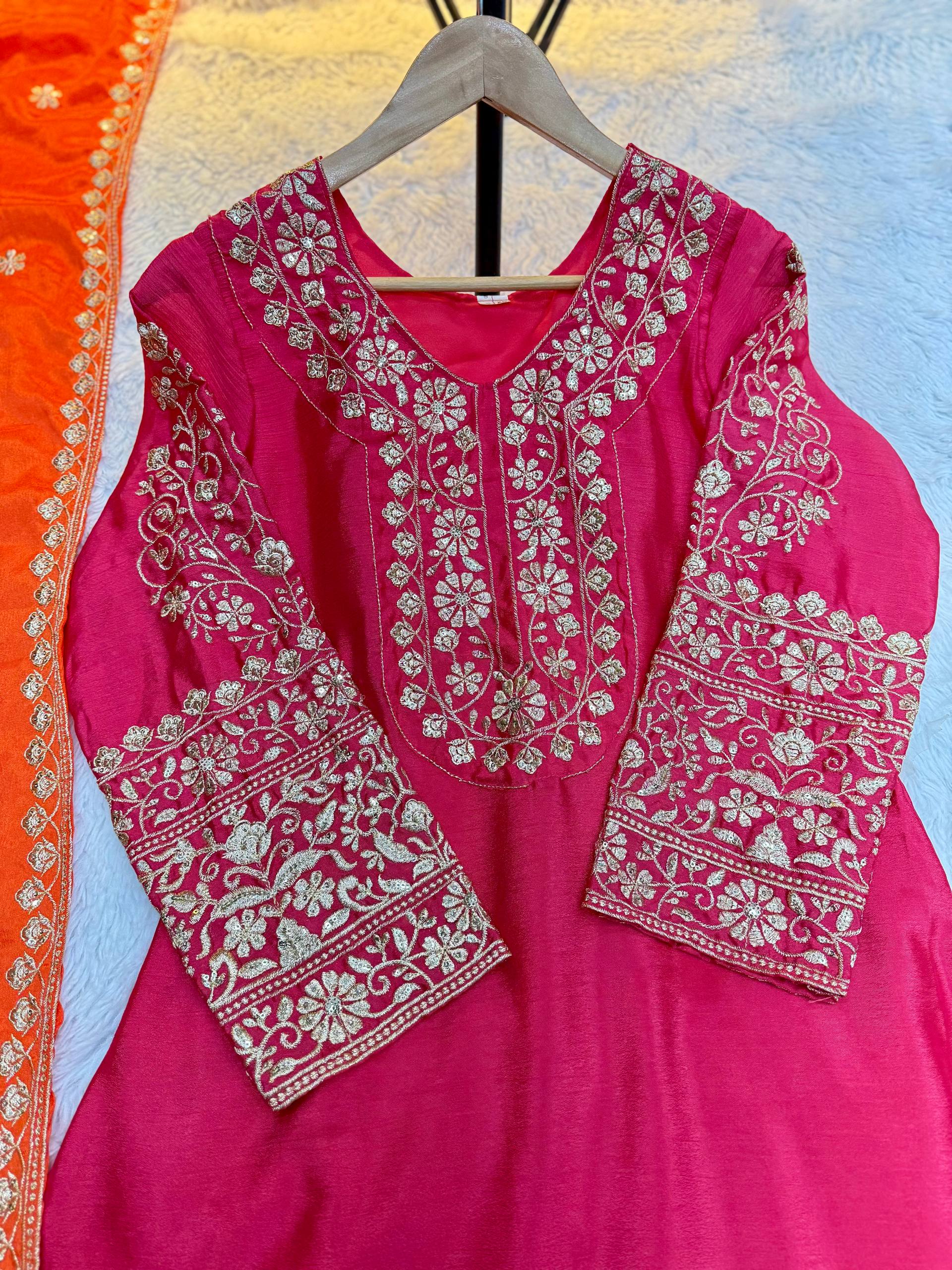 Extraordinary Pink Soft Chinon Heavy Embroidery thread and sequence work Suit Set