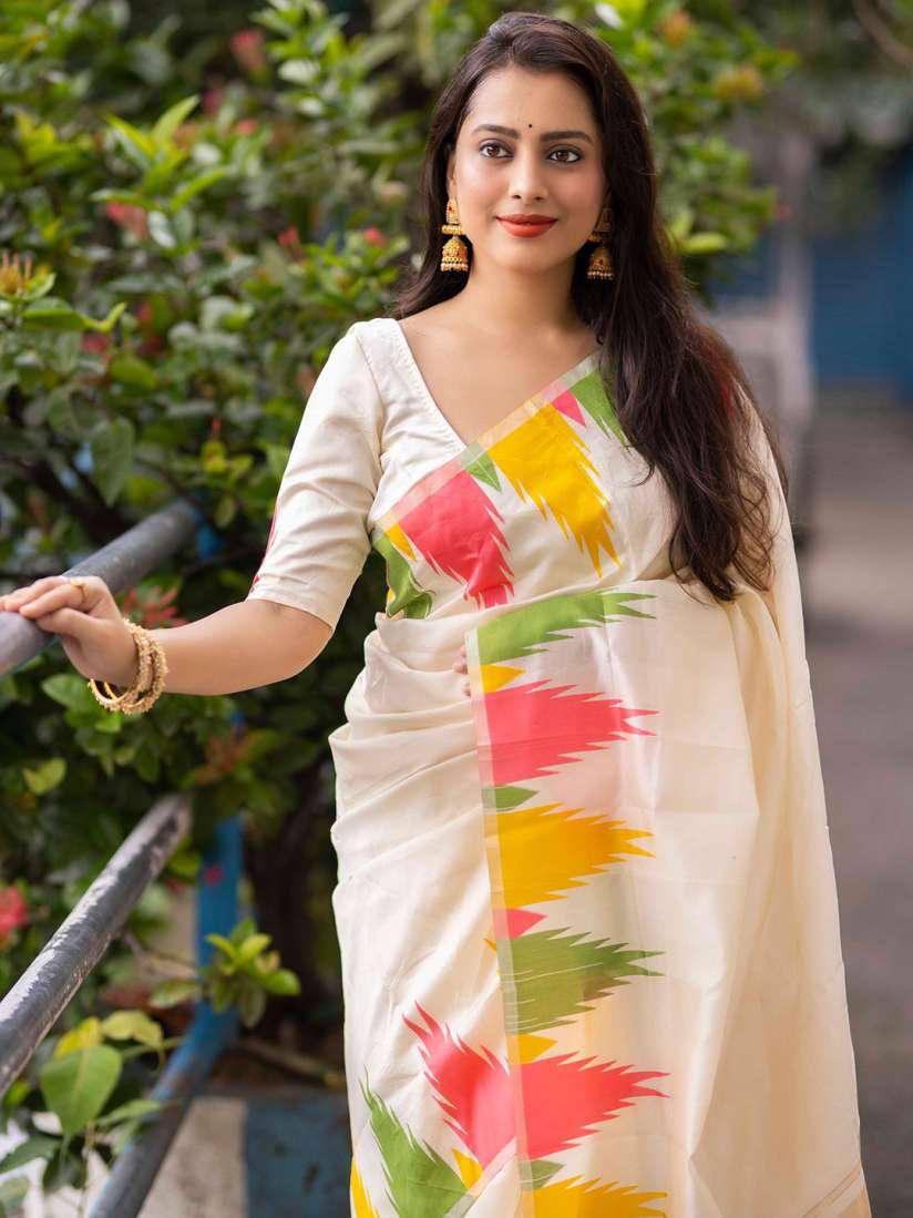 Extraordinary Off White Soft Lichi Silk Weaving Saree