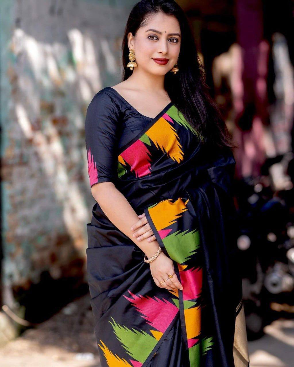 Attractive Black Soft Lichi Silk Weaving Saree