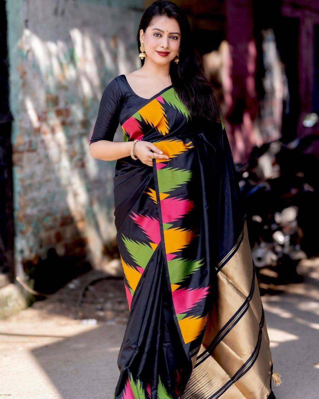 Attractive Black Soft Lichi Silk Weaving Saree