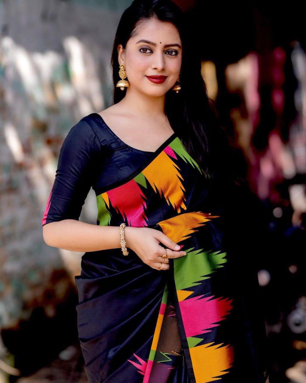 Attractive Black Soft Lichi Silk Weaving Saree