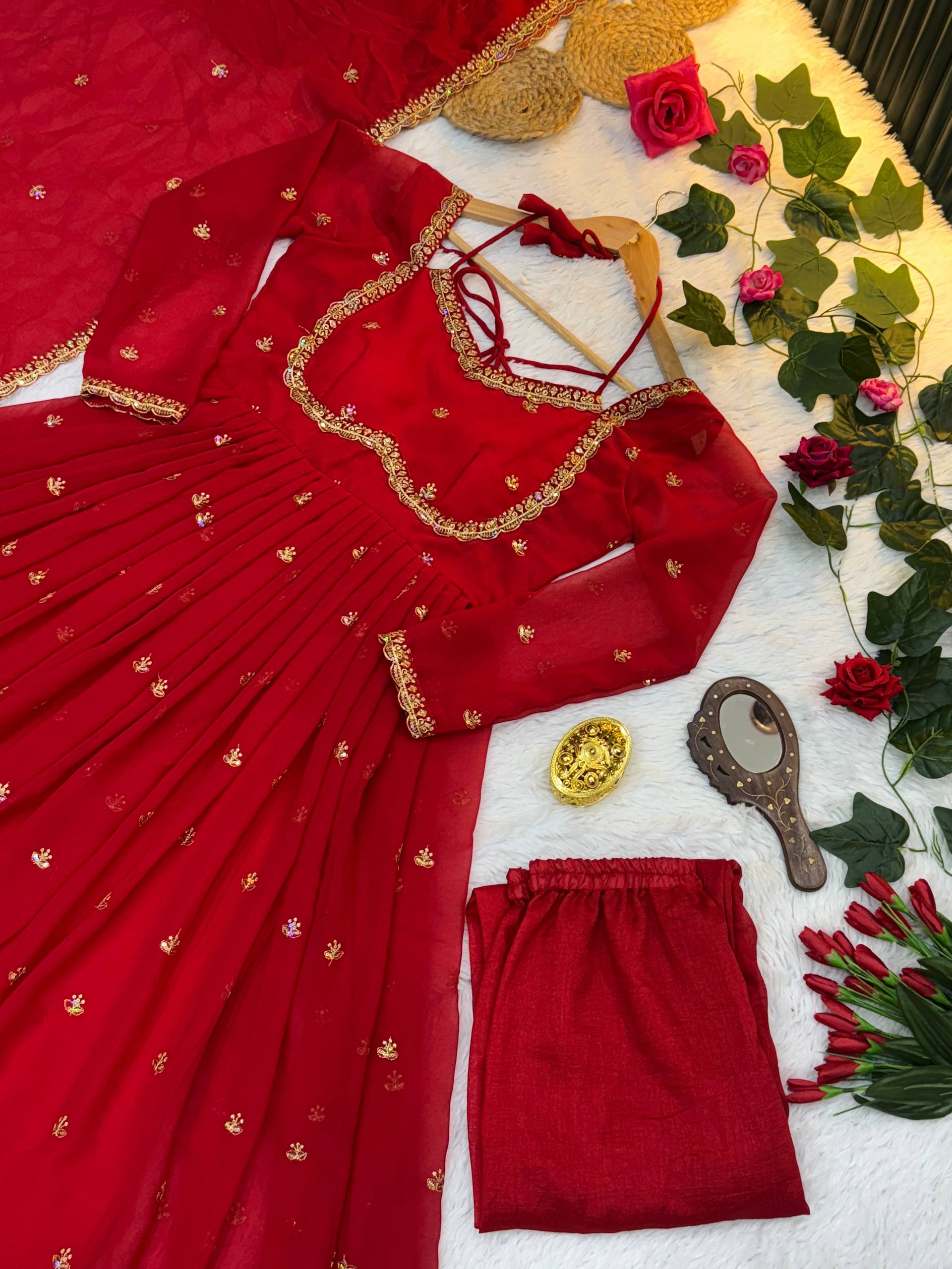 Classic Red Faux georgette Heavy Embroidery thread and sequence work Anarkali