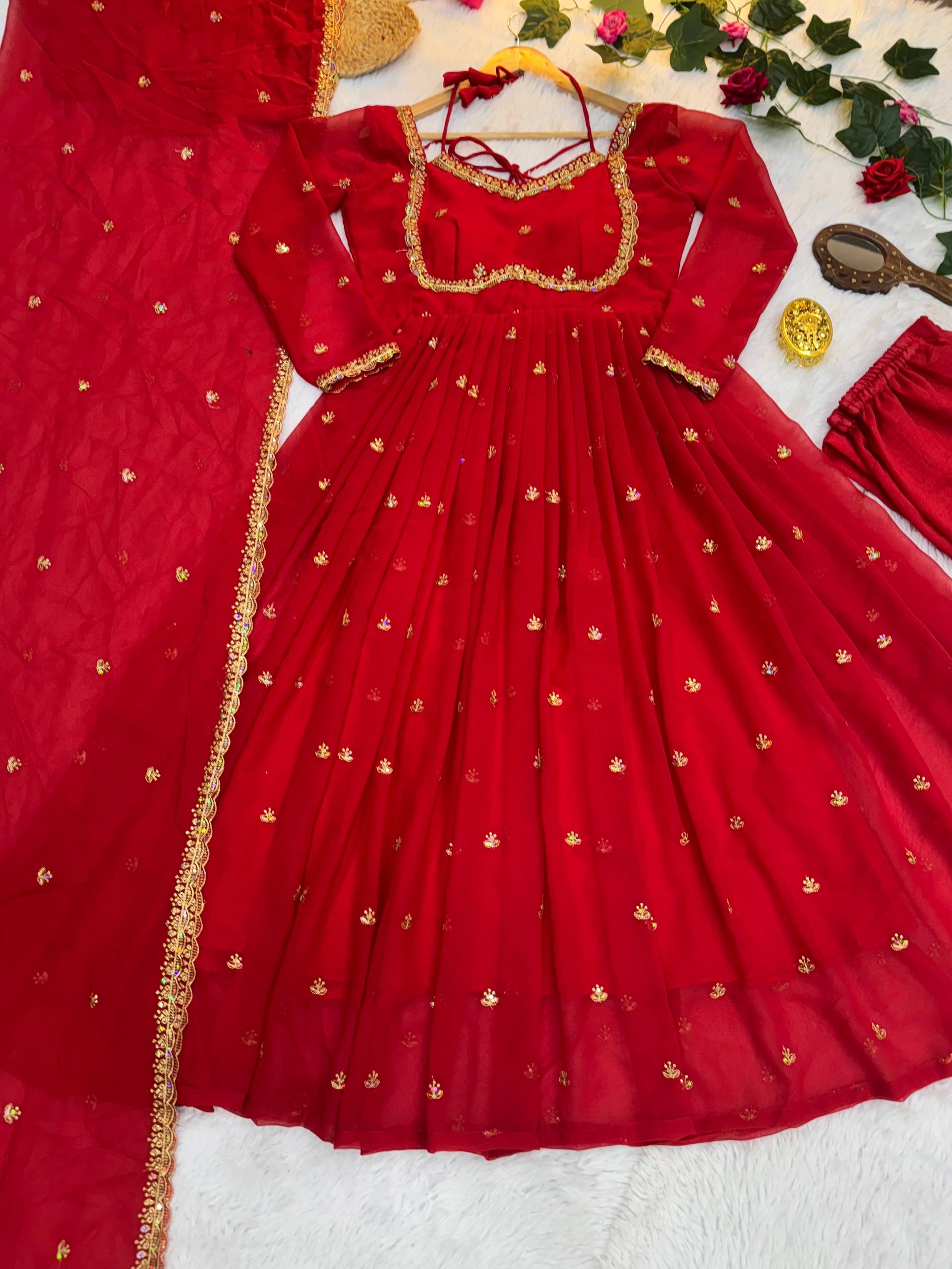 Classic Red Faux georgette Heavy Embroidery thread and sequence work Anarkali