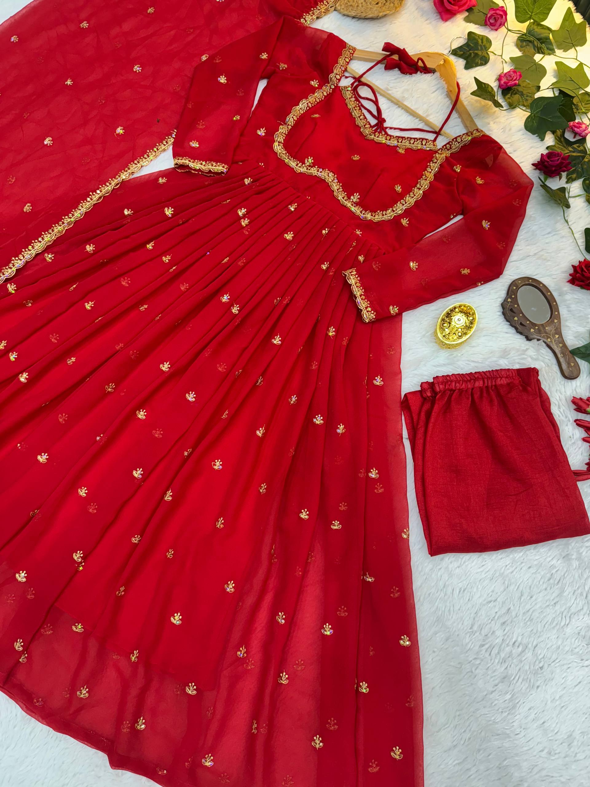 Classic Red Faux georgette Heavy Embroidery thread and sequence work Anarkali