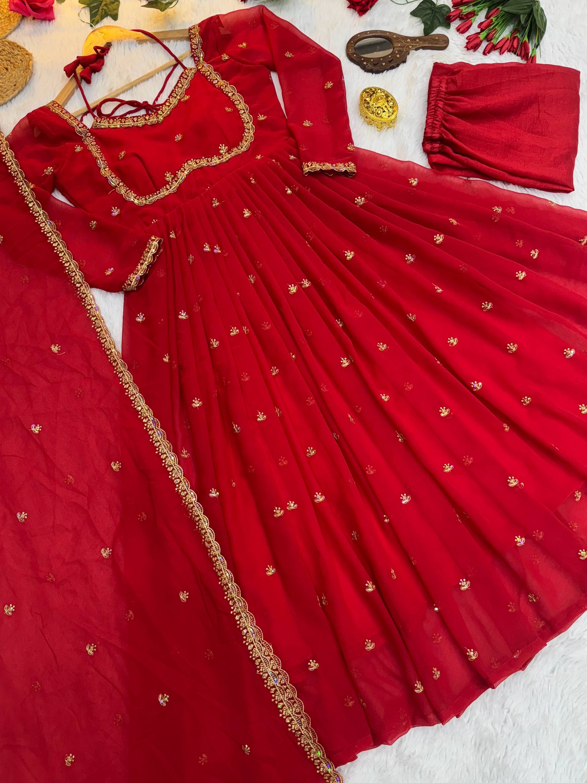 Classic Red Faux georgette Heavy Embroidery thread and sequence work Anarkali