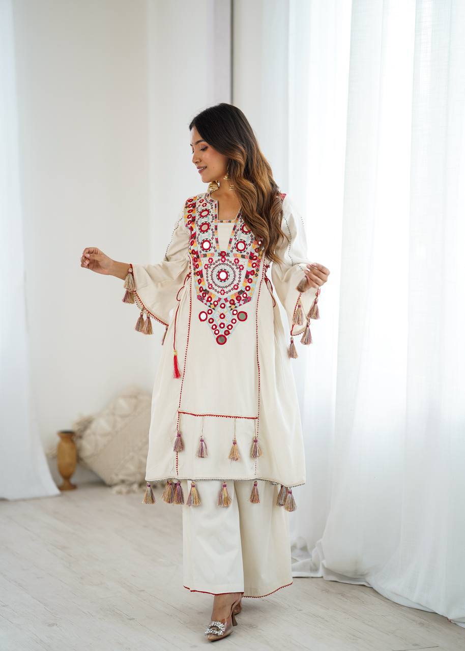 White Soft Reyon Embroidery thread work And original mirror work with tassels