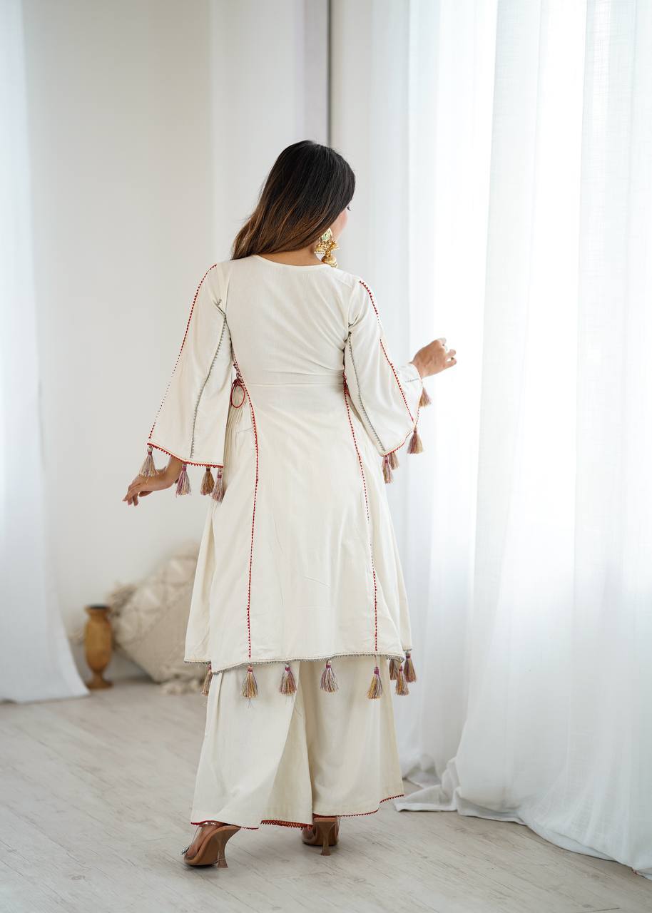 White Soft Reyon Embroidery thread work And original mirror work with tassels