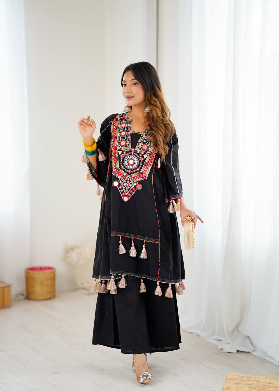 Black Soft Reyon Embroidery thread work And original mirror work with tassels