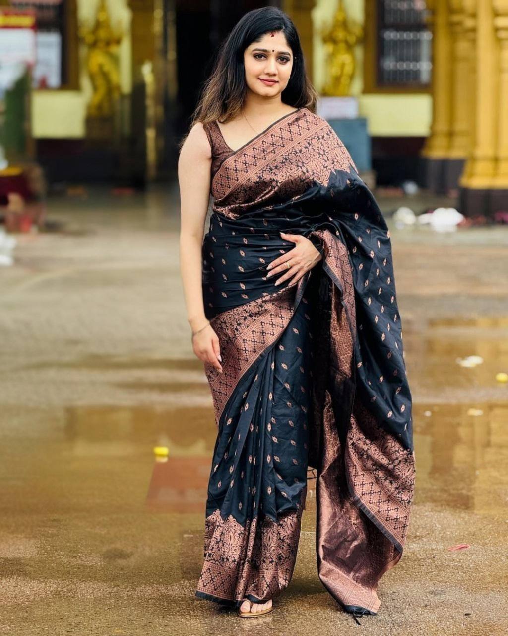 JET BLACK SOFT LICHI SILK WEAVING WORK SAREE