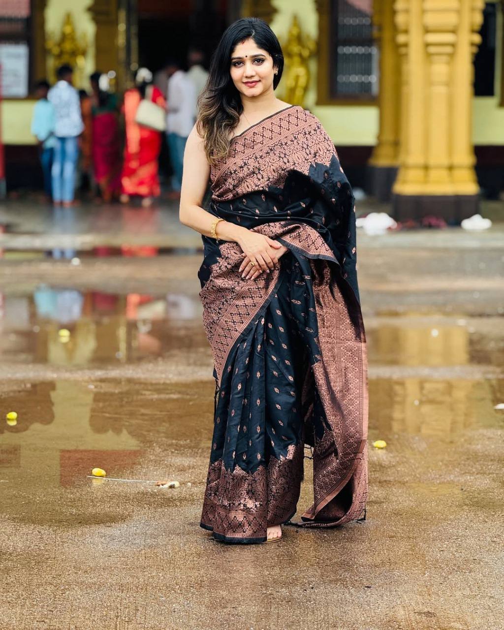 JET BLACK SOFT LICHI SILK WEAVING WORK SAREE