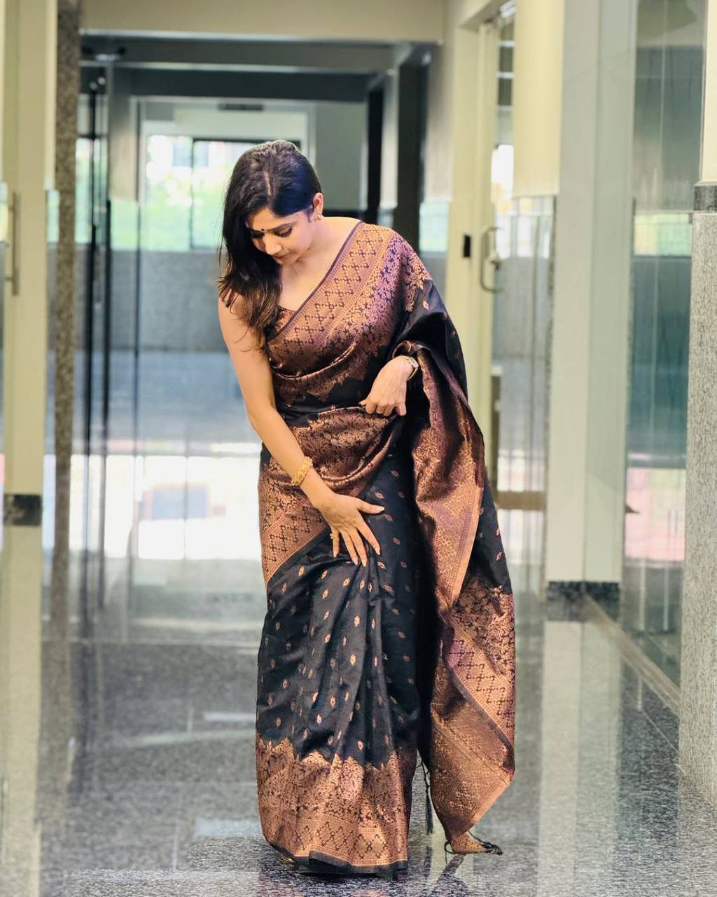 JET BLACK SOFT LICHI SILK WEAVING WORK SAREE