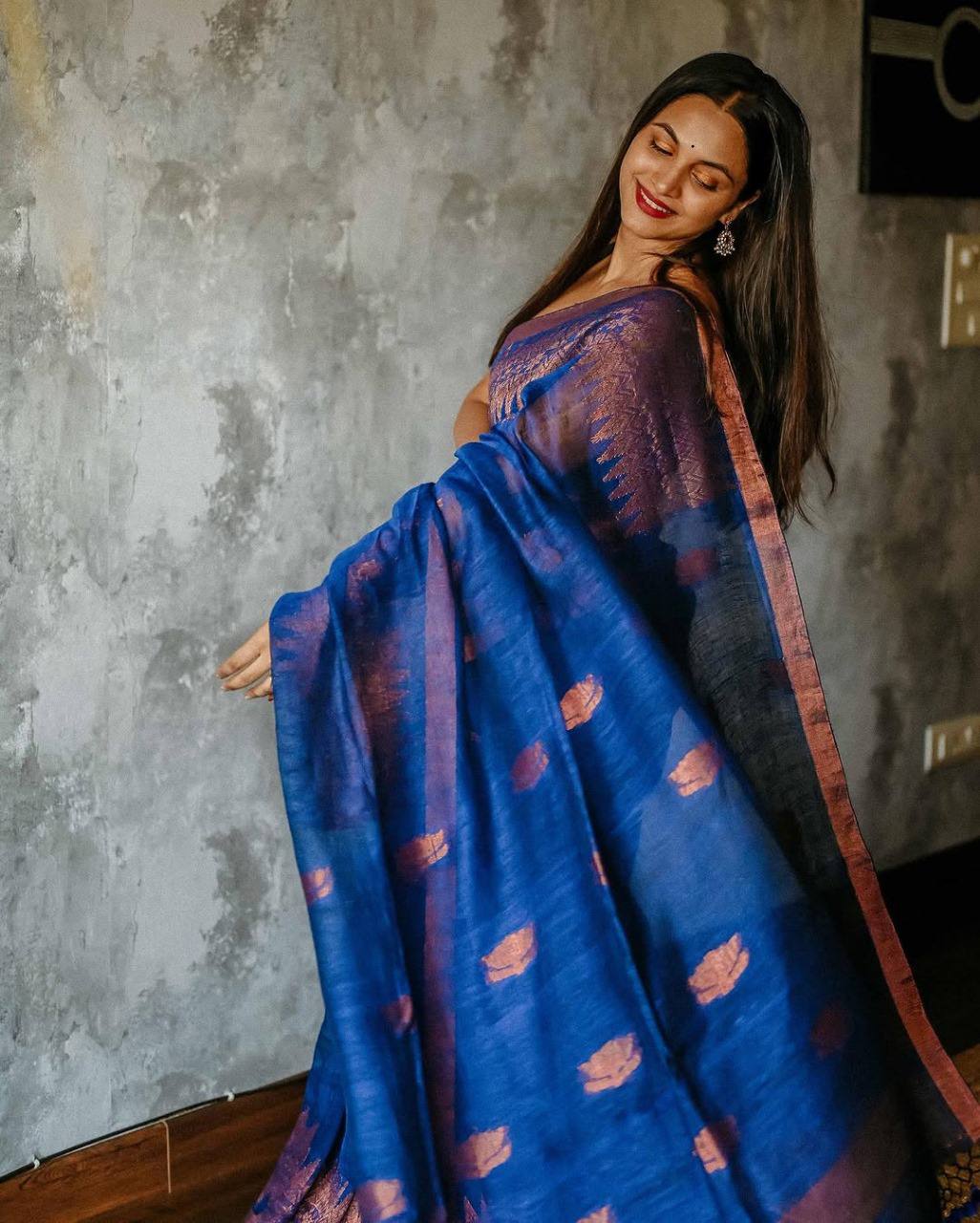 ROYAL BLUE SOFT LILEN SLAB WEAVING SAREE