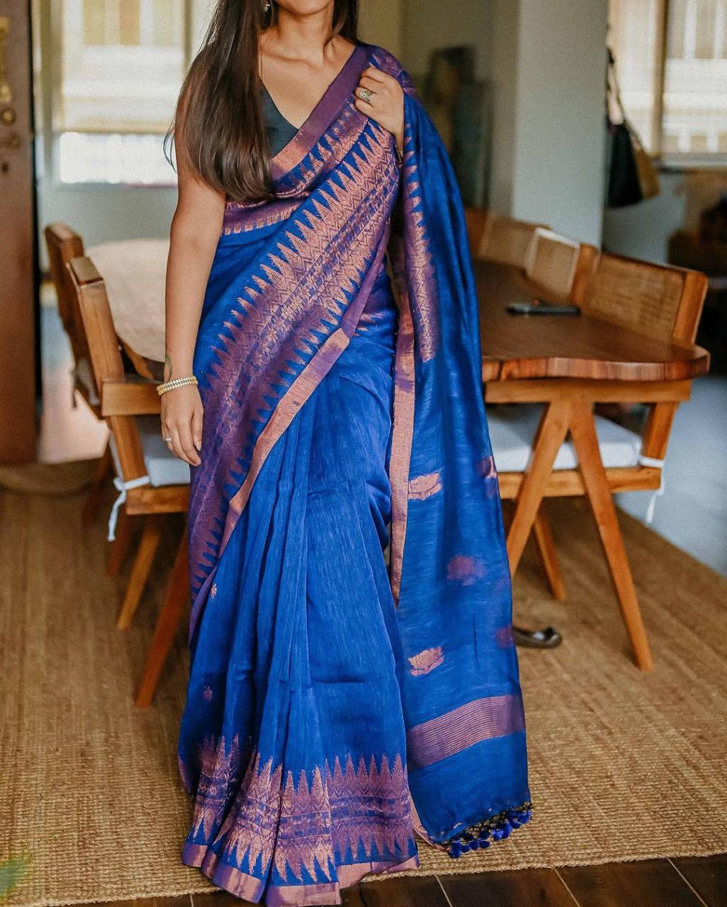 ROYAL BLUE SOFT LILEN SLAB WEAVING SAREE