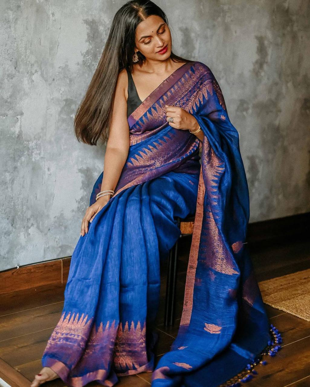 ROYAL BLUE SOFT LILEN SLAB WEAVING SAREE