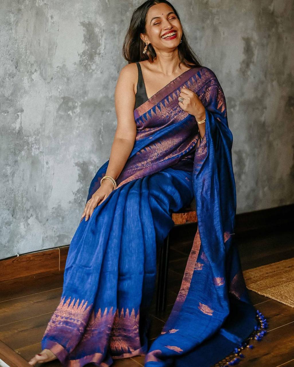 ROYAL BLUE SOFT LILEN SLAB WEAVING SAREE