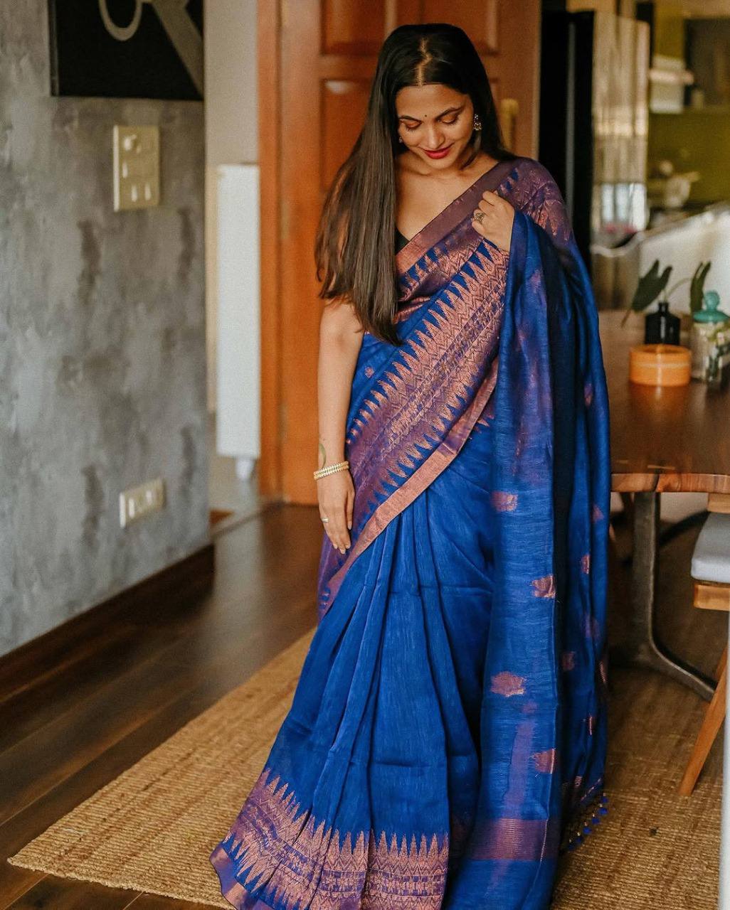 ROYAL BLUE SOFT LILEN SLAB WEAVING SAREE
