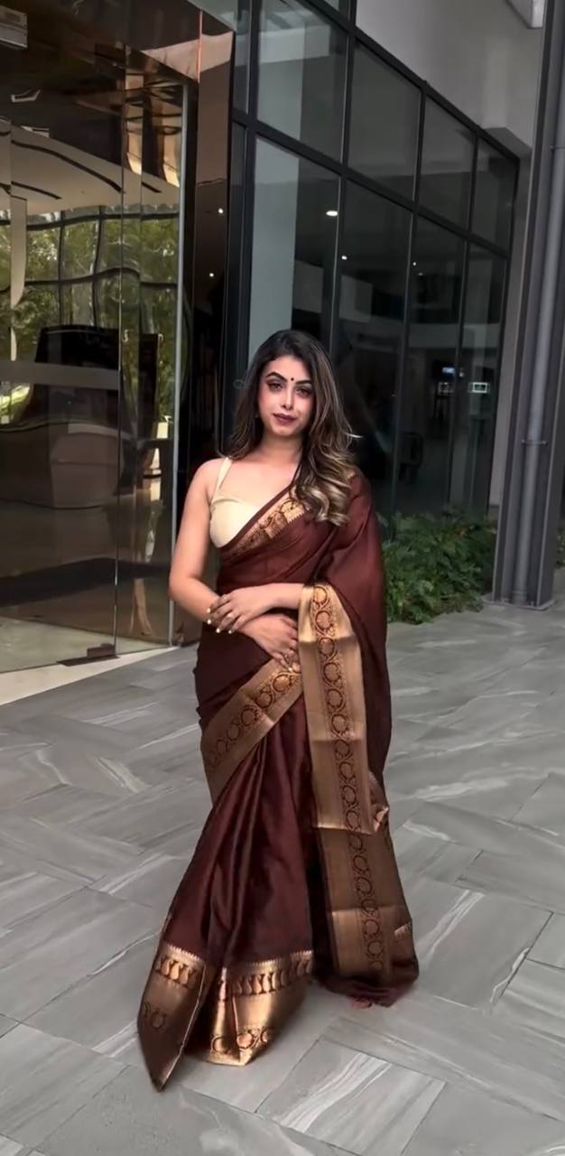 RUBY BROWN SOFT LICHI SILK JACQUARD WORK SAREE